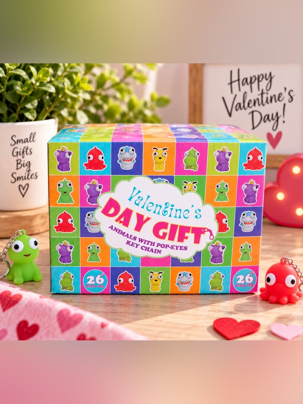 NEW 26pc Valentine Pop Eyes Animal Keychains Classroom Party Favors